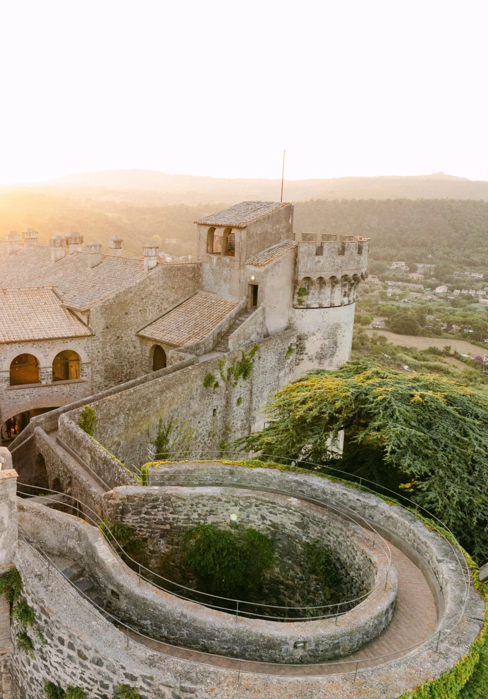 The towers of Castello Odescalchi above the lake, seen from above