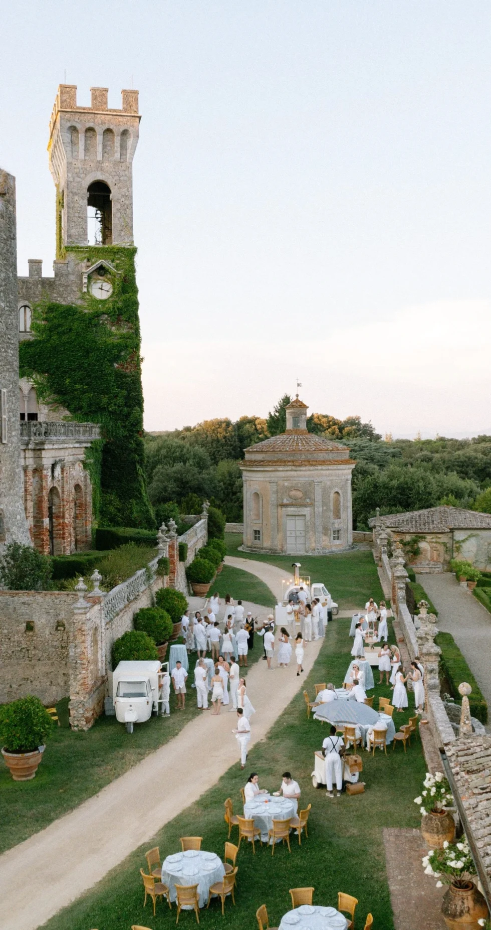 The gardens and circular chapel of Castello di Celsa from above