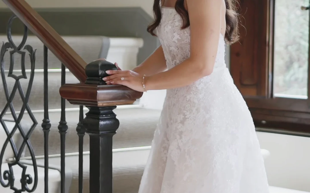 The bride on the staircase of the villa at Il Borro, Tuscany