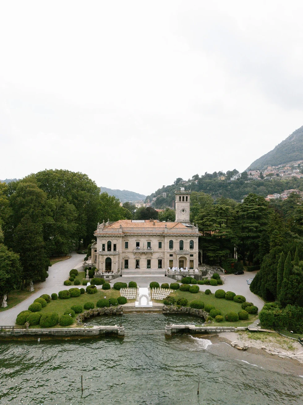 Aerial view of Villa Erba and its gardens on the shore of Lake Como, Cernobbio
