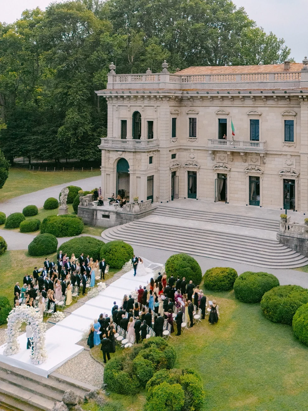 Aerial view of the wedding ceremony on the lawn of Villa Erba, Lake Como