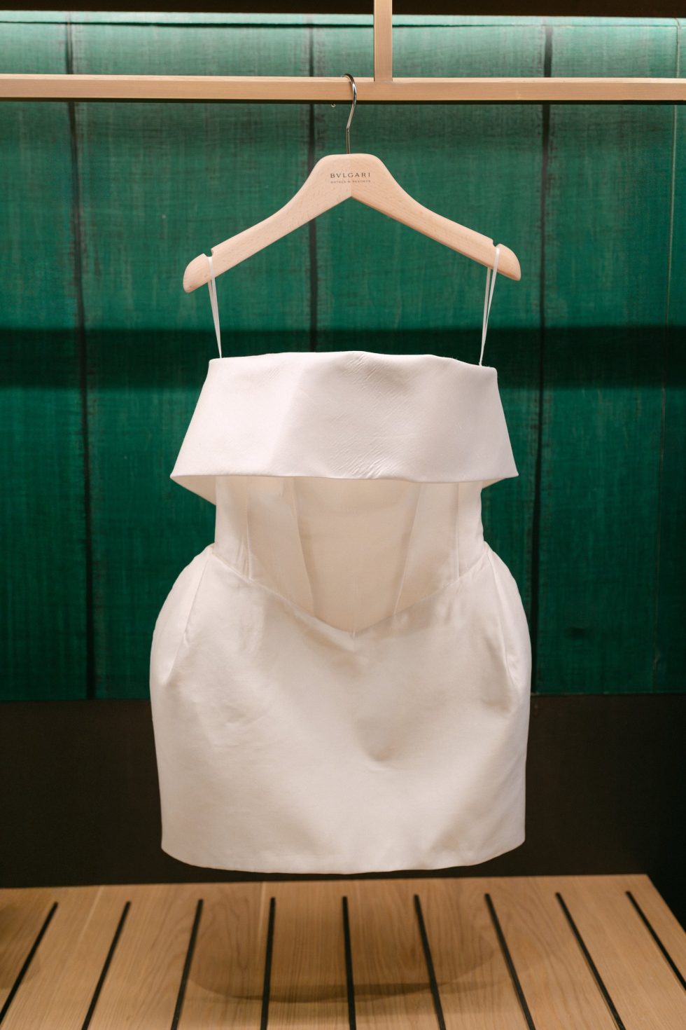 Tania's white dress hanging in the Presidential Suite before the welcome dinner, Bulgari Hotel Roma