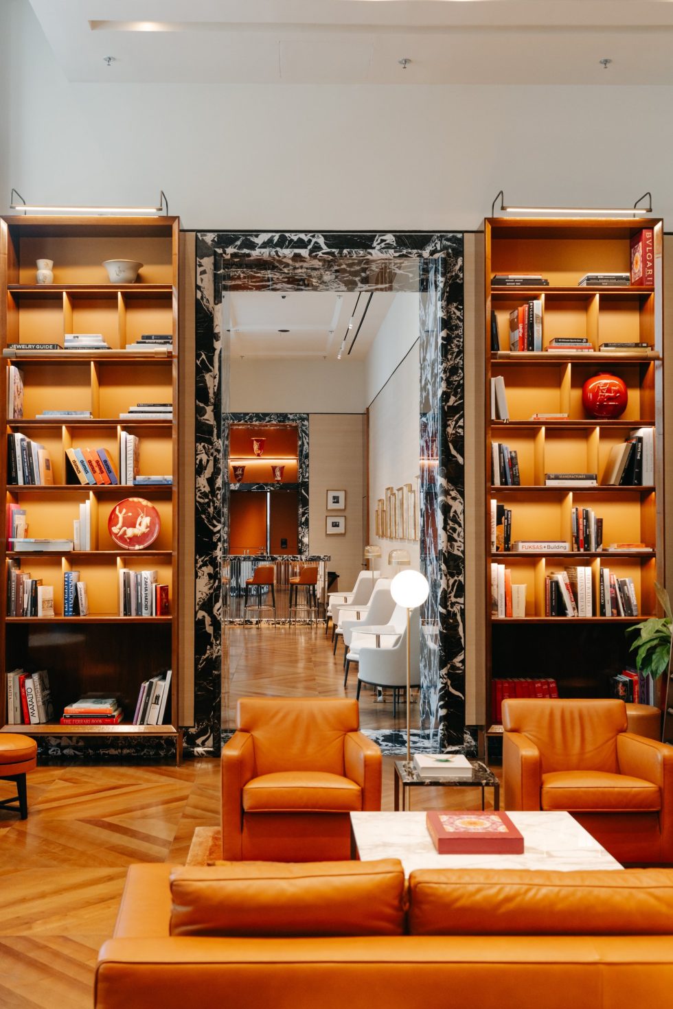 The library lounge of the Bulgari Hotel Roma