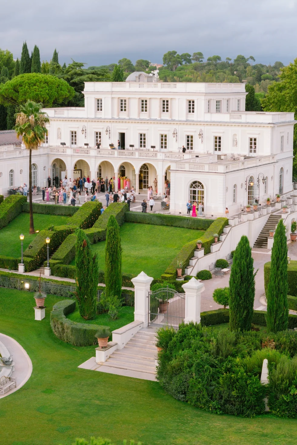 Aerial view of Villa Miani and its gardens on Monte Mario during the wedding, Rome
