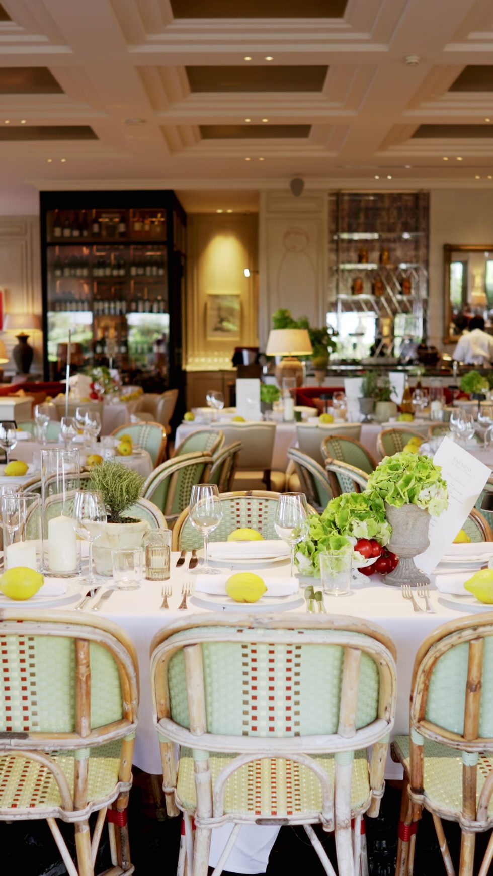 The wedding lunch tables set in the restaurant, Cannes