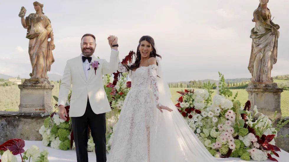 Jenna and Jameson celebrating as husband and wife at Villa Corsini, Florence