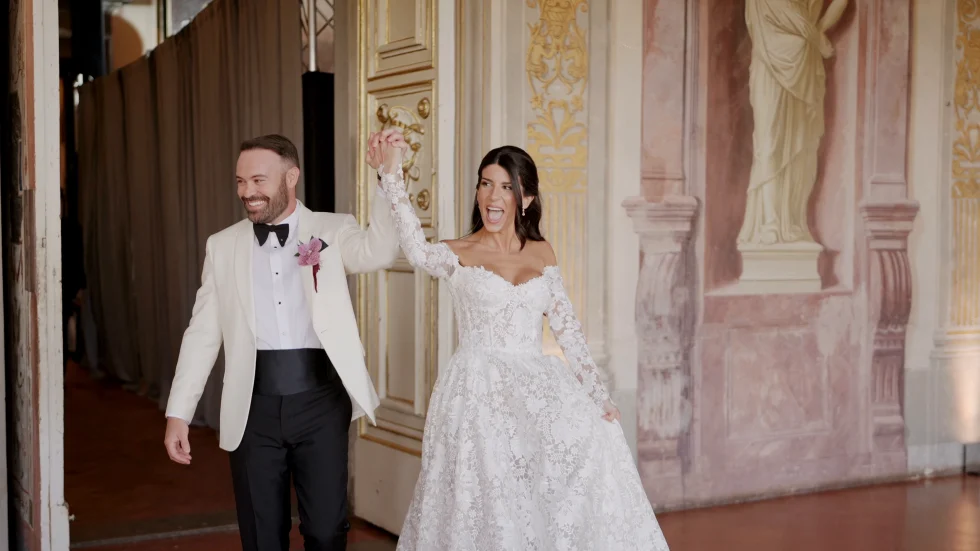 Jenna and Jameson making their entrance at the wedding dinner, Villa Corsini