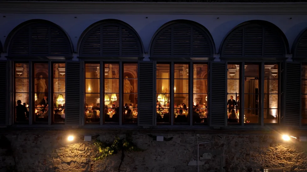 The loggia of Villa Corsini lit up at night during the wedding dinner, Florence